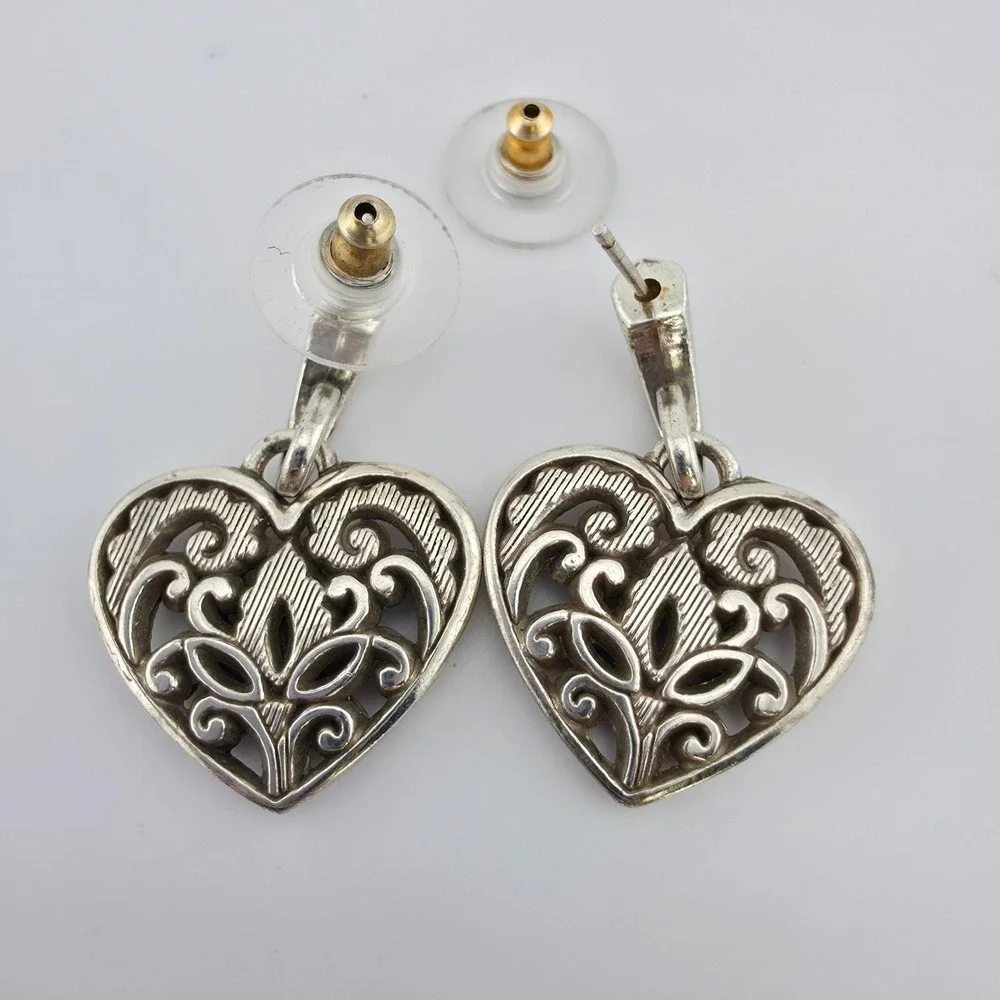 BRIGHTON 'Cordoba Heart' Earrings Open Scrollwork Floral Drop Silver Plate 1.5